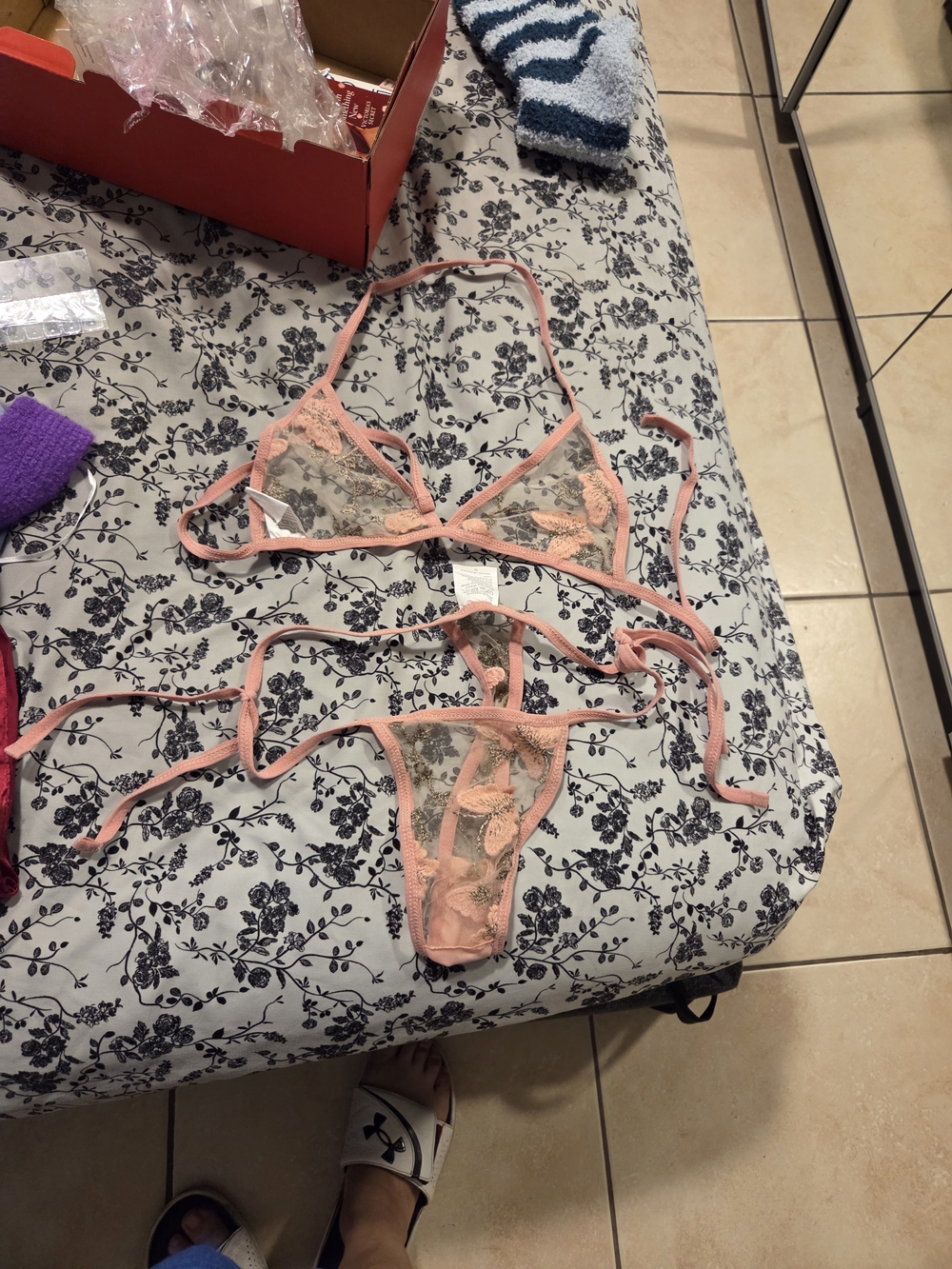 SHEIN Peach Sheer Lace Triangle Bralette & String Thong Set